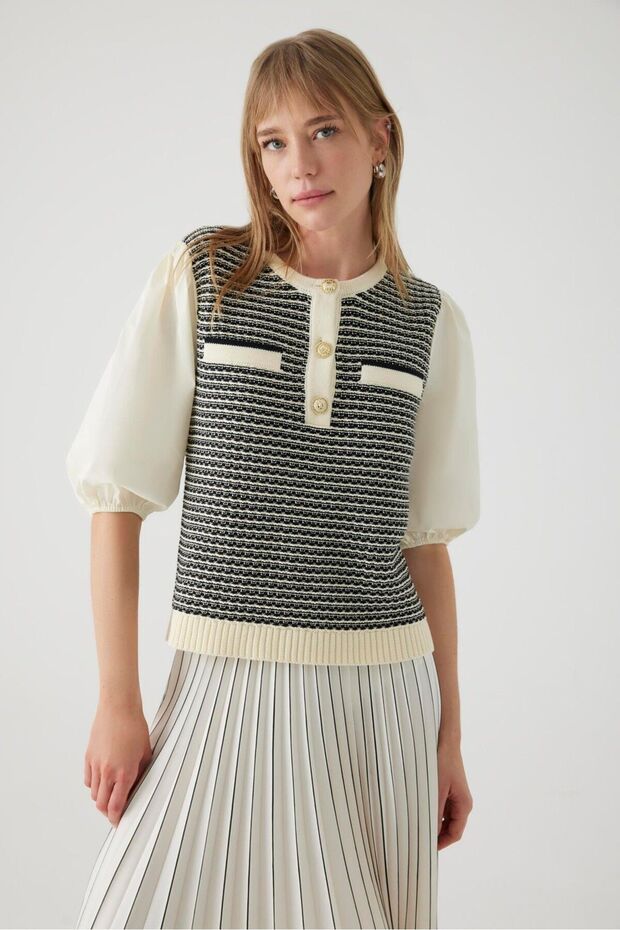 Pocket Detailed Poplin Sleeve Detailed Regular Knitwear Blouse