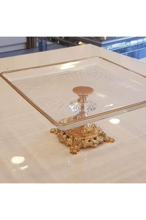 Döküm Ayaklı Yaldız Detaylı Kare Servis Tabağı Altın - 5