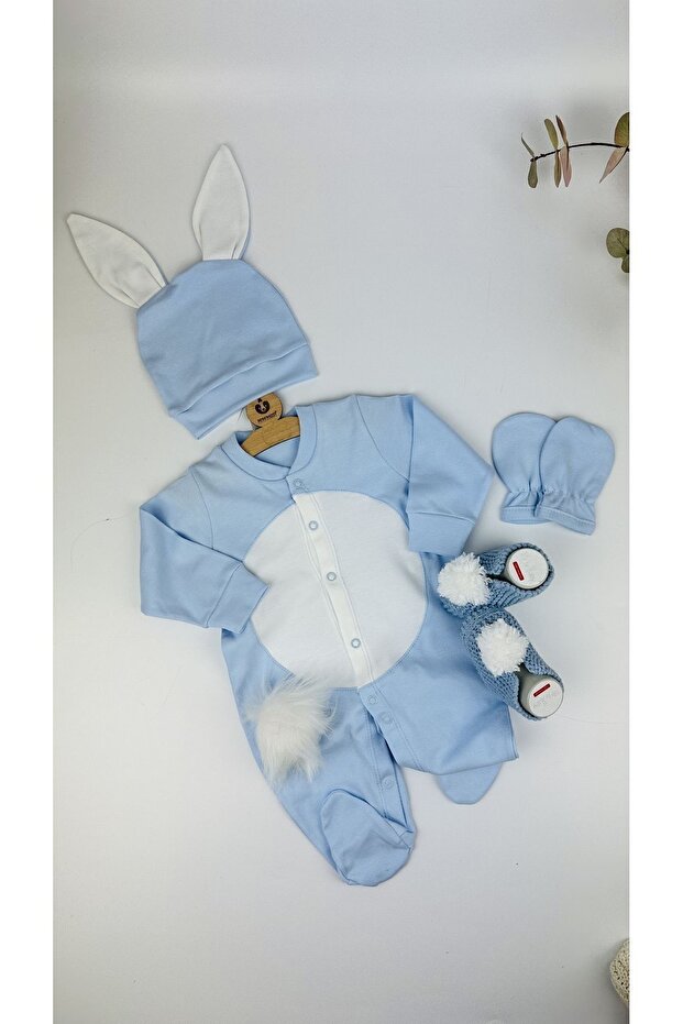 Blue Booties Rabbit Themed Triple Jumpsuit Baby Boy Hospital Release Newborn Jumpsuit Set - Blue