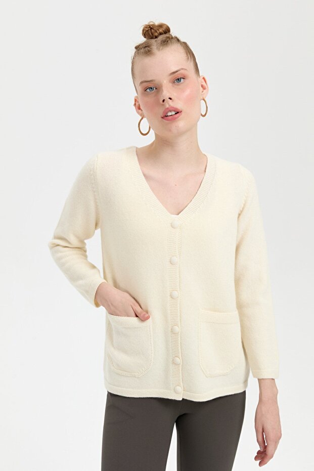 Kadın V Yaka Basic Yün Hırka Kemik - 1