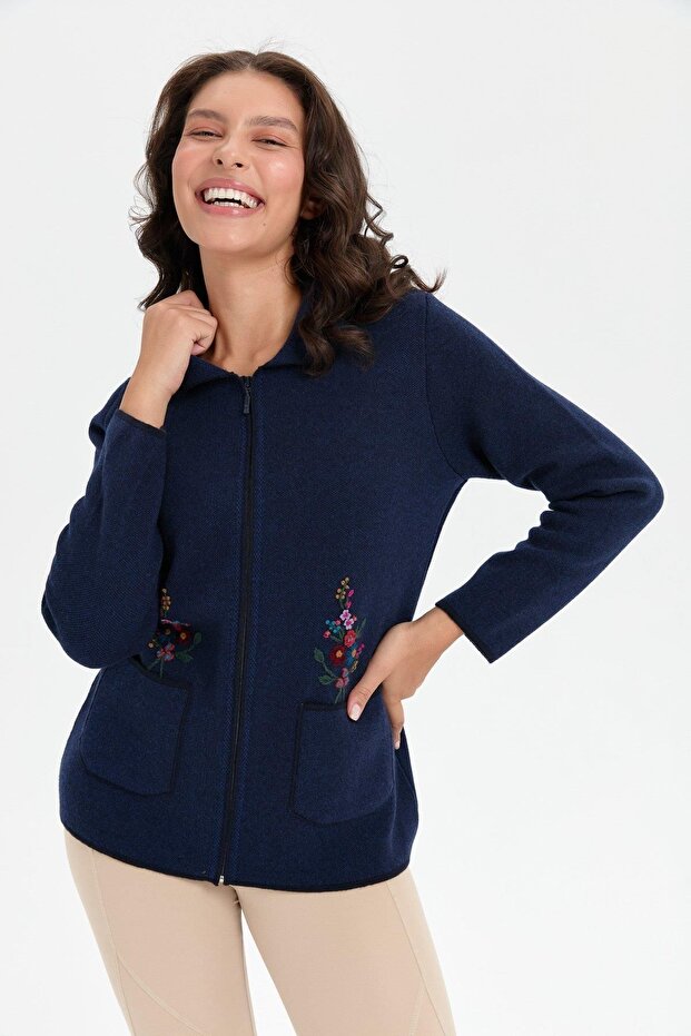 Women's Polo Collar Embroidered Short Wool Cardigan Dark Blue