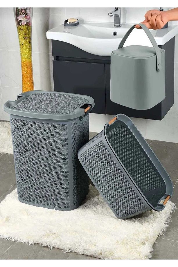 3'lü Set Çamaşır Sepeti Ve Çöp Kovası - 1