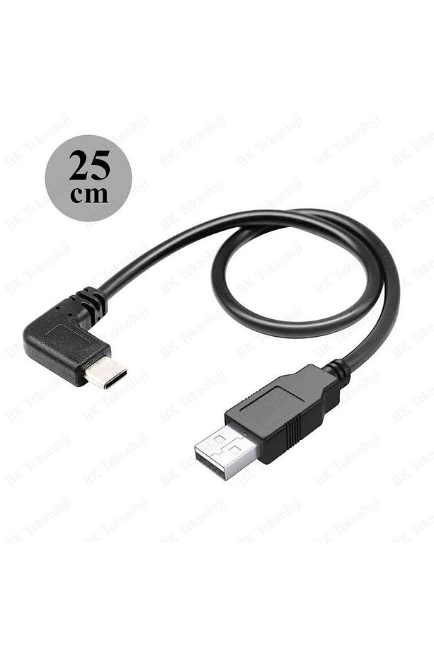 USB Erkek to 90 Derece Sağ/Sol Açılı Type-C Erkek Data Şarj Kablosu 25cm - 2