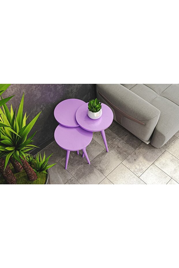 Lila Ahşap Ayaklı Zigon Sehpa Takımı - 3