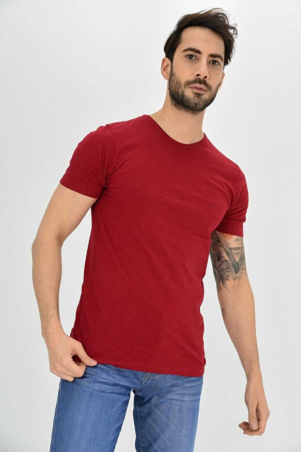 Men's Burgundy Flame Basic Crew Neck 100% Cotton T-Shirt