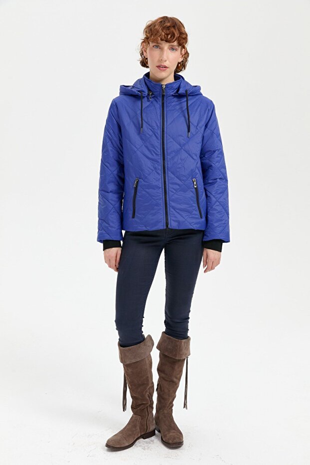 Women's Hooded Knitwear Short Quilted Coat Cobalt Blue
