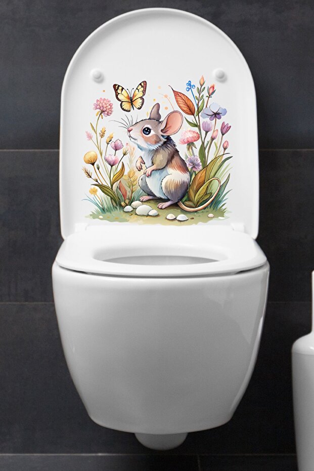 Sevimli Fare Kelebek ve Çiçekler Temalı Klozet Sticker Banyo Sticker - 6