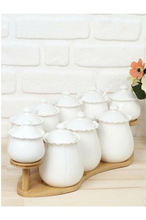 Hürrem Bamboo Stand Porcelain 9 Piece Spice Set
