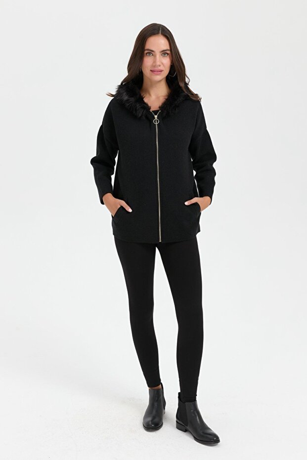 Women's Hooded Fur Zippered Wool Cardigan Black