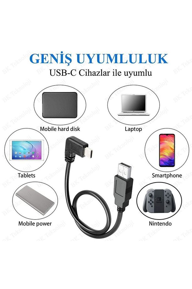 USB Erkek to 90 Derece Sağ/Sol Açılı Type-C Erkek Data Şarj Kablosu 25cm - 3