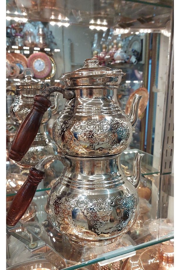 Bakır Çaydanlık 2 No El Dövmesi Gümüş Renk Aile Boy Bakır Demlik - 2