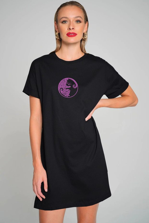 Balance Cats Black Short Sleeve Combed Cotton Women's T-Shirt Dress