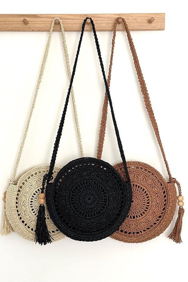 Black Round Bag - Macrame, Bohemian, Tasseled Straw and Knitted Crossbody Bag