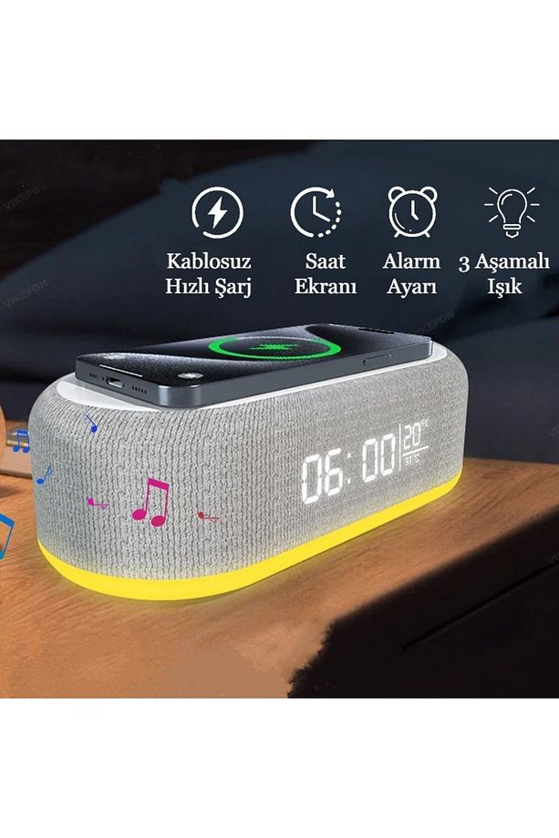 Çok fonksiyonlu Masa ve Gece Lambası  Hızlı Kablosuz Şarj Çalar Saat Zaman LED Işık Termometre - 4