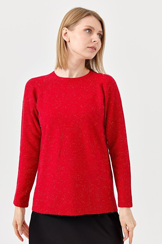 Women's Crew Neck Brass Knitted Blouse Red