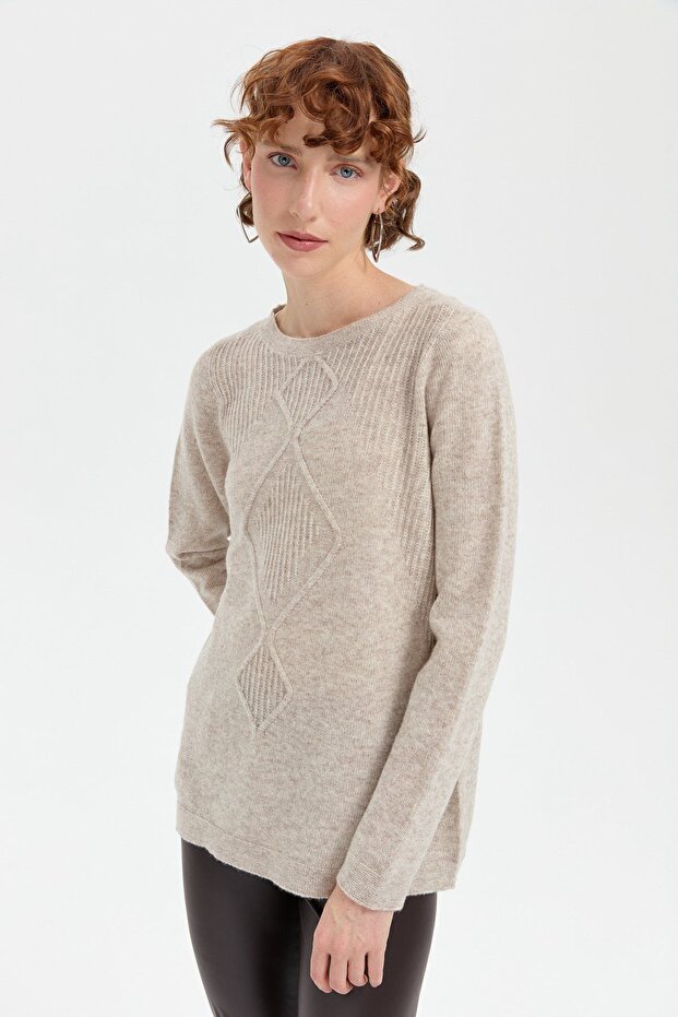Women's Crew Neck Seamless Front Selanik Baklava Knit Wool Sweater V.Beige