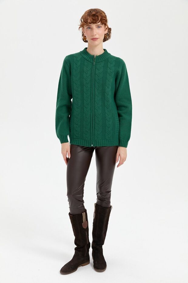 Women's Stand Collar Seamless Wool Cardigan with Braided Hair on the Front Ö.Başı