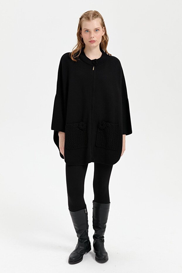 Women's Stand Collar Pocket Rose Embroidered Zippered Short Poncho Black