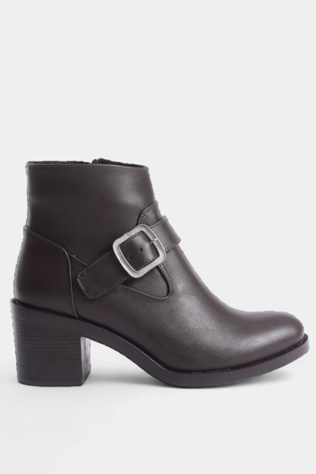 Brown Buckle Side Zipper Women's Heeled Boots