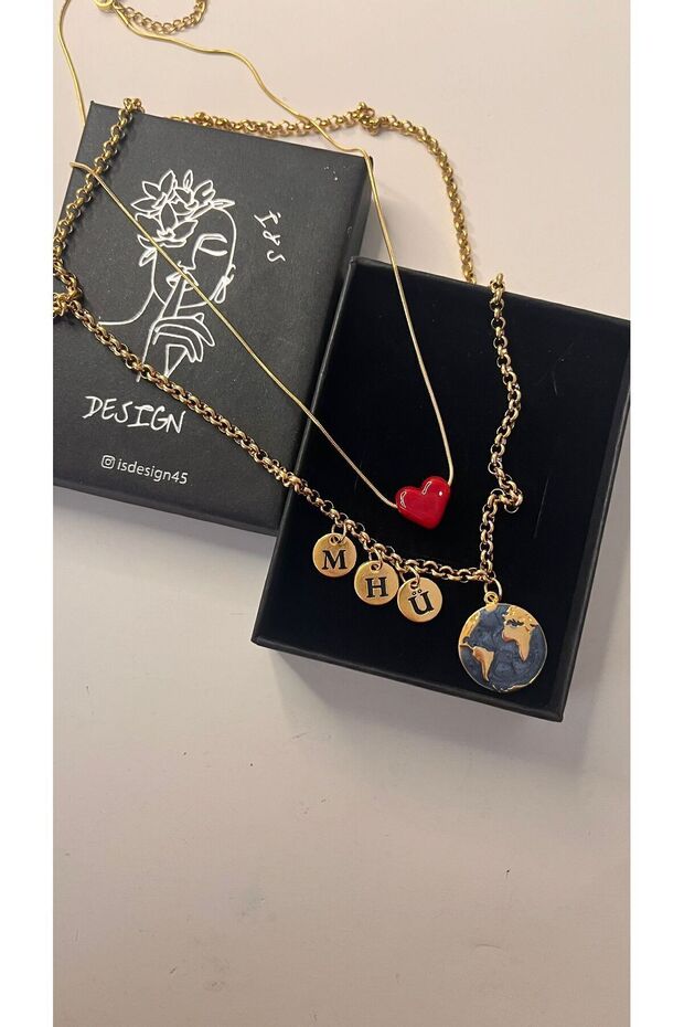 Dünya Kolye ( 3 Harf ) Çelik 2 'li Set - 1