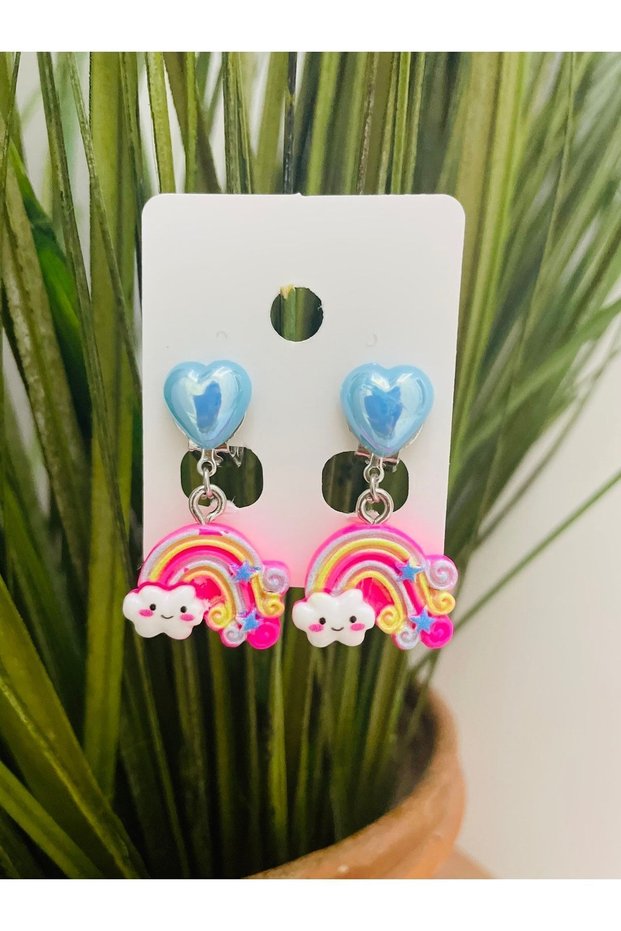 Heart Hanging Rainbow Clip Children's Earrings - Non-Perforated Compression Children's Earrings