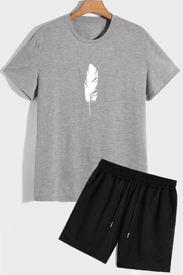 Feather Printed Shorts T-shirt Tracksuit Set
