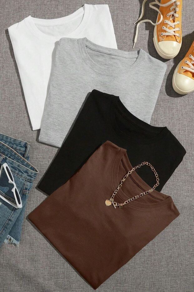 Unisex Basic Model 4'lu Tshirt - 1