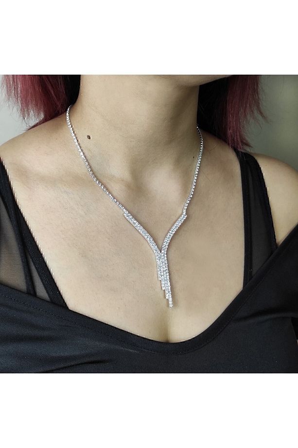 Abiye Set Suyolu Tek Sıradan Iki Sıraya Kolye, Su Yolu Bileklik, Küpe Zirkon Gümüş 42-46 Cm - 3