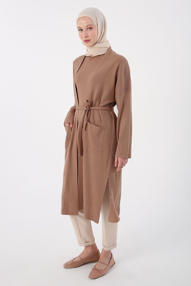 Knitwear Cardigan with Biscuit Belt, Slits on the Sides and Pockets
