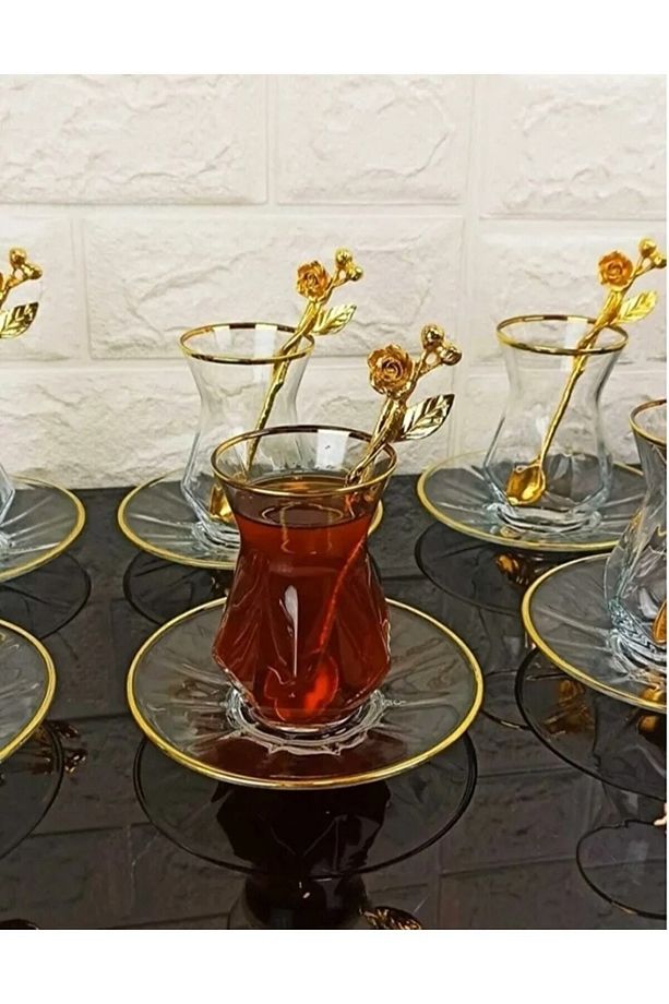 Alya Altın Yaldız 12 Parça 6 Adet Bardak 6 Adet Tabak - 1