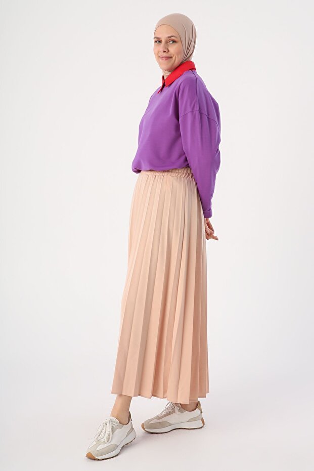 Bej Beli Lastikli Örme Plise Etek - 3