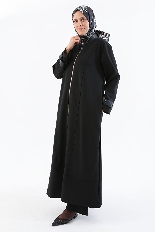 Black Leather Epaulette Detailed Zippered Abaya