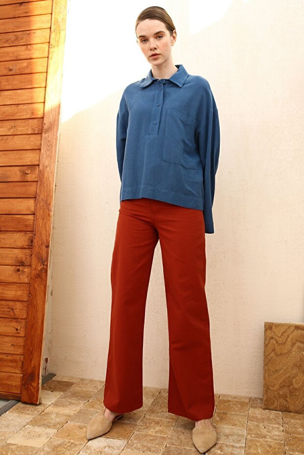 Kalhoty pohodlného střihu s širokými nohavicemi v cihlové 100% bavlně - 1