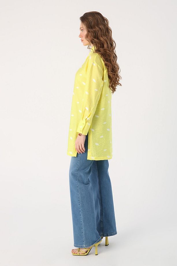 Sarı Oversize Yırtmaçlı Desenli Gömlek Tunik - 3