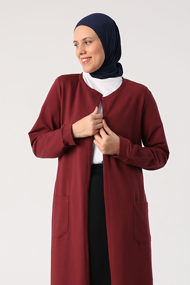 Burgundy Belted Pocketed Crew Neck Long Cardigan