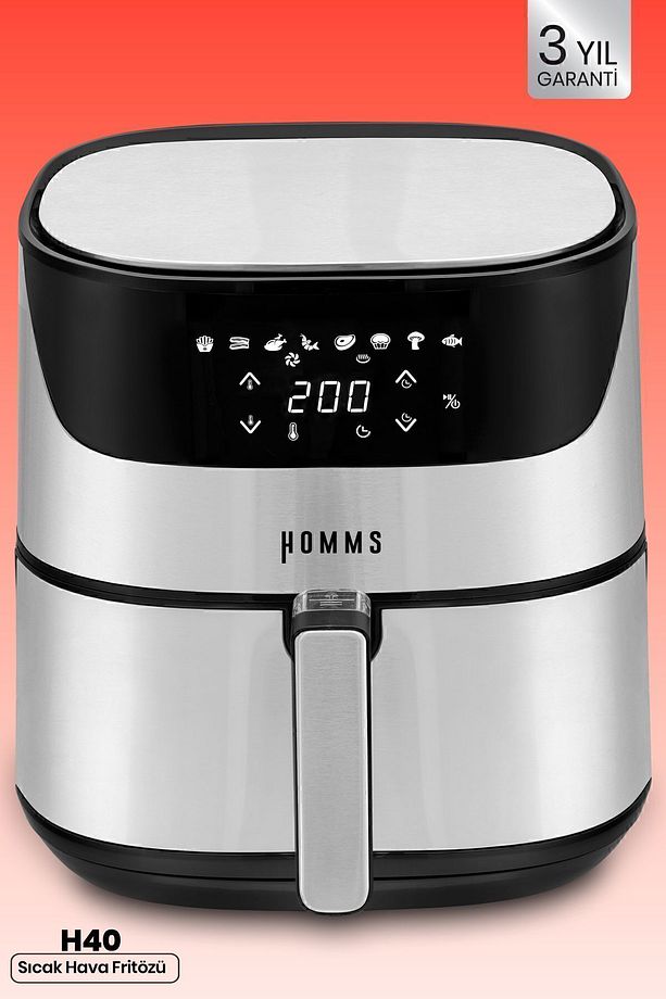 H40 2000 Watt Yüksek Güç 6,4L Inox Geniş Xxl Dokunmatik Airfryer Yağsız Sıcak Hava Fritözü - 1