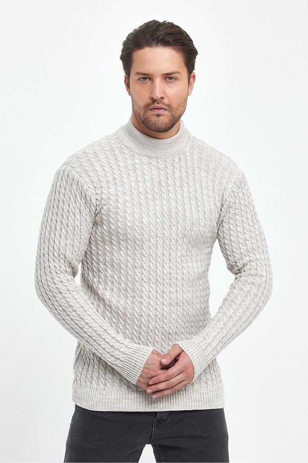 Men's Beige Half Turtleneck Hair Knit Patterned Non-Pilling Regular Fit Knitwear Sweater
