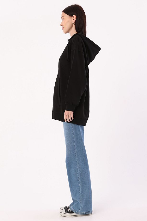 Siyah Kanguru Cepli Oversize Sweat Hırka - 3