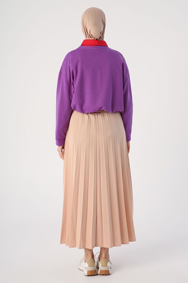 Bej Beli Lastikli Örme Plise Etek - 4