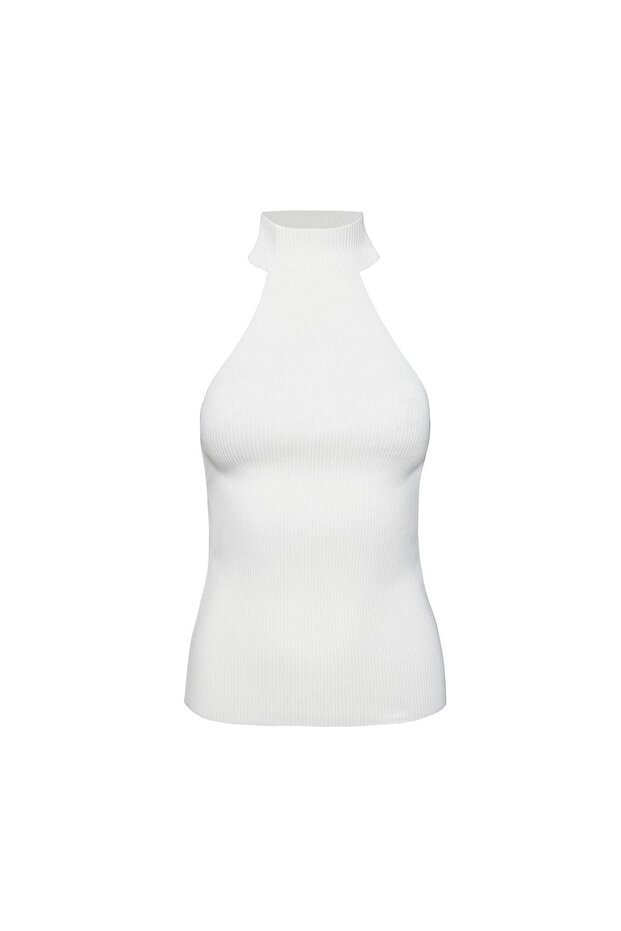 Ribbed Knitwear Blouse - Stand Collar