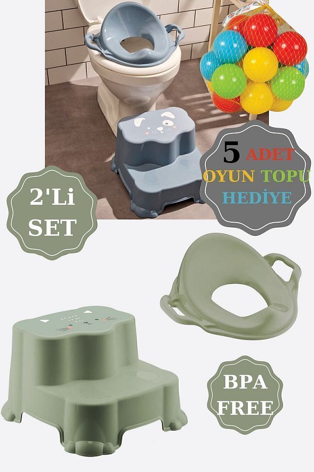 Kaydırmaz Çift Basamaklı Çocuk Taburesi Ve Kulplu Klozet Tuvalet Alıştırma Adaptörü 2'li Set - 1