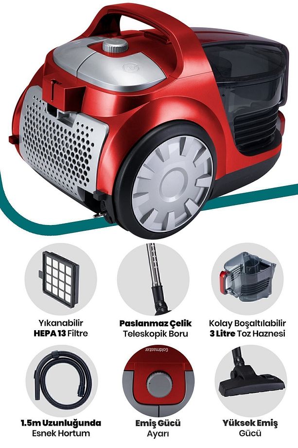 Proton Çift Hepa Filtreli 3lt Geniş Hazneli Hız Ayarlı Cyclonic Toz Torbasız Elektrikli Süpürge - 3