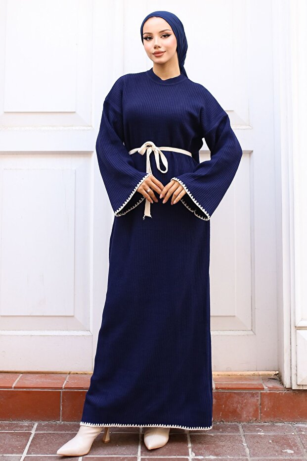 11040-17 Embroidery Detailed Knitwear Dress Navy Blue