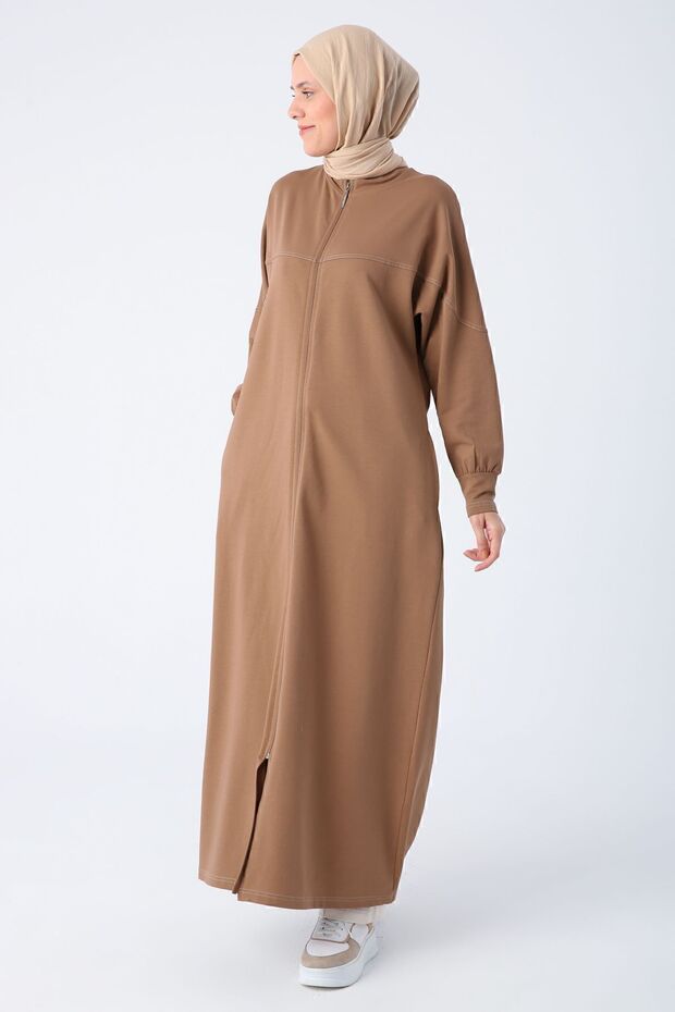 Hnědá bavlněná pletená abaya na zip se zadní kapsou - 3