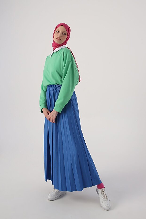 Saks Beli Lastikli Örme Plise Etek - 1