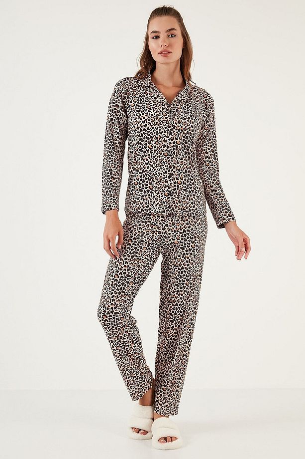Desenli Beli Lastikli Gömlek Yaka Dokuma Pijama Takımı PİJAMA TAKIMI 6095660 - 2