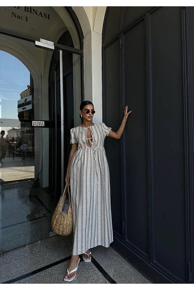 Brown Linen Striped Short Sleeve Long Dress with Lace Detail - 78456