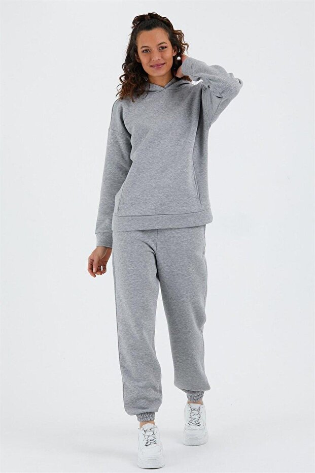 Women's Oversize Tracksuit Set with Elastic Waist and Cuffs and Three-Thread Fleece - Gray