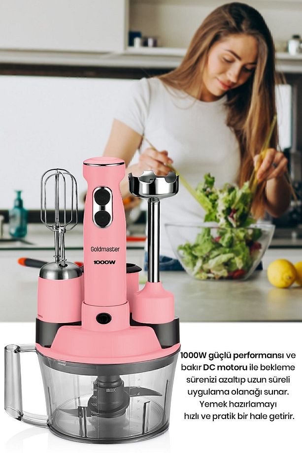 Elenamax Pembe 1000 Watt Hız Ayarlı %100 Bakır Motor 5 In 1 Mutfak Robotu Multi Blender Seti - 8
