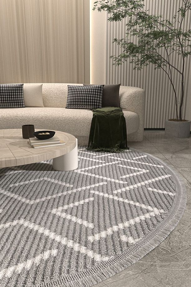 Vetrina 3605 Gri Yumuşak Doku Halı Kilim Salon Mutfak Koridor Kesme Yolluk Yuvarlak Makine Halısı - 1